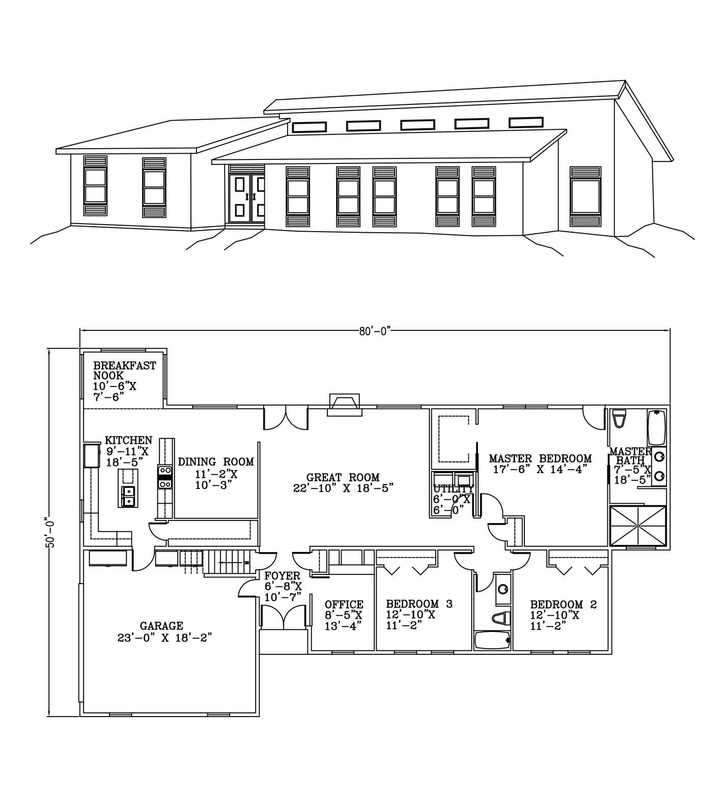 a black and white drawing of a house and its floor plan .