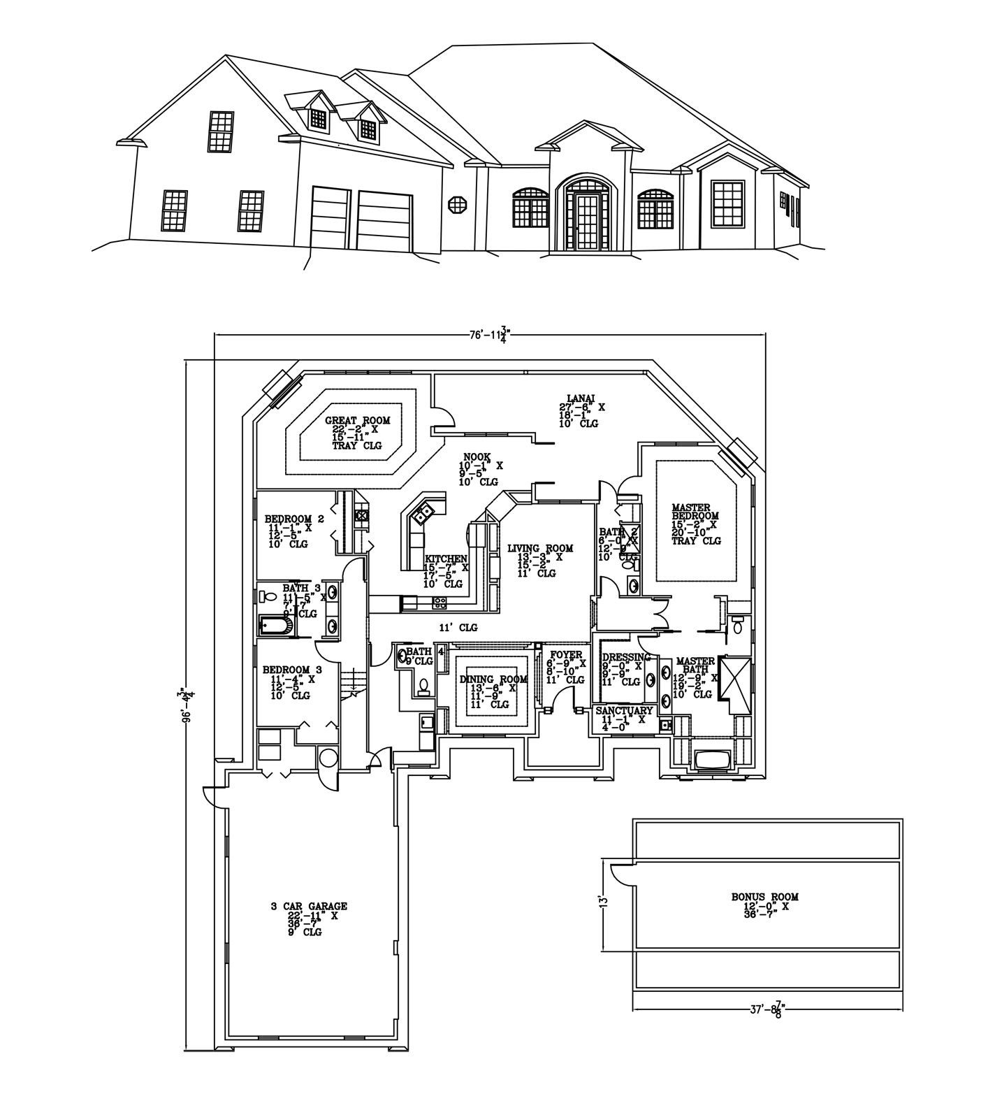 a black and white drawing of a house and its floor plan