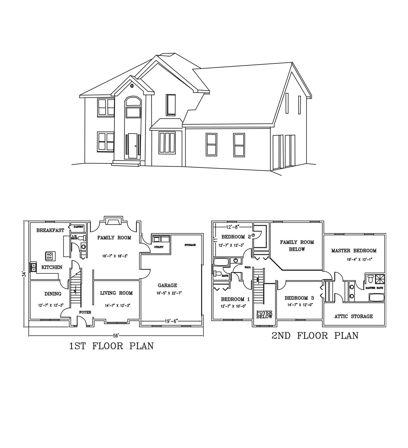 a black and white drawing of a house and its floor plans .