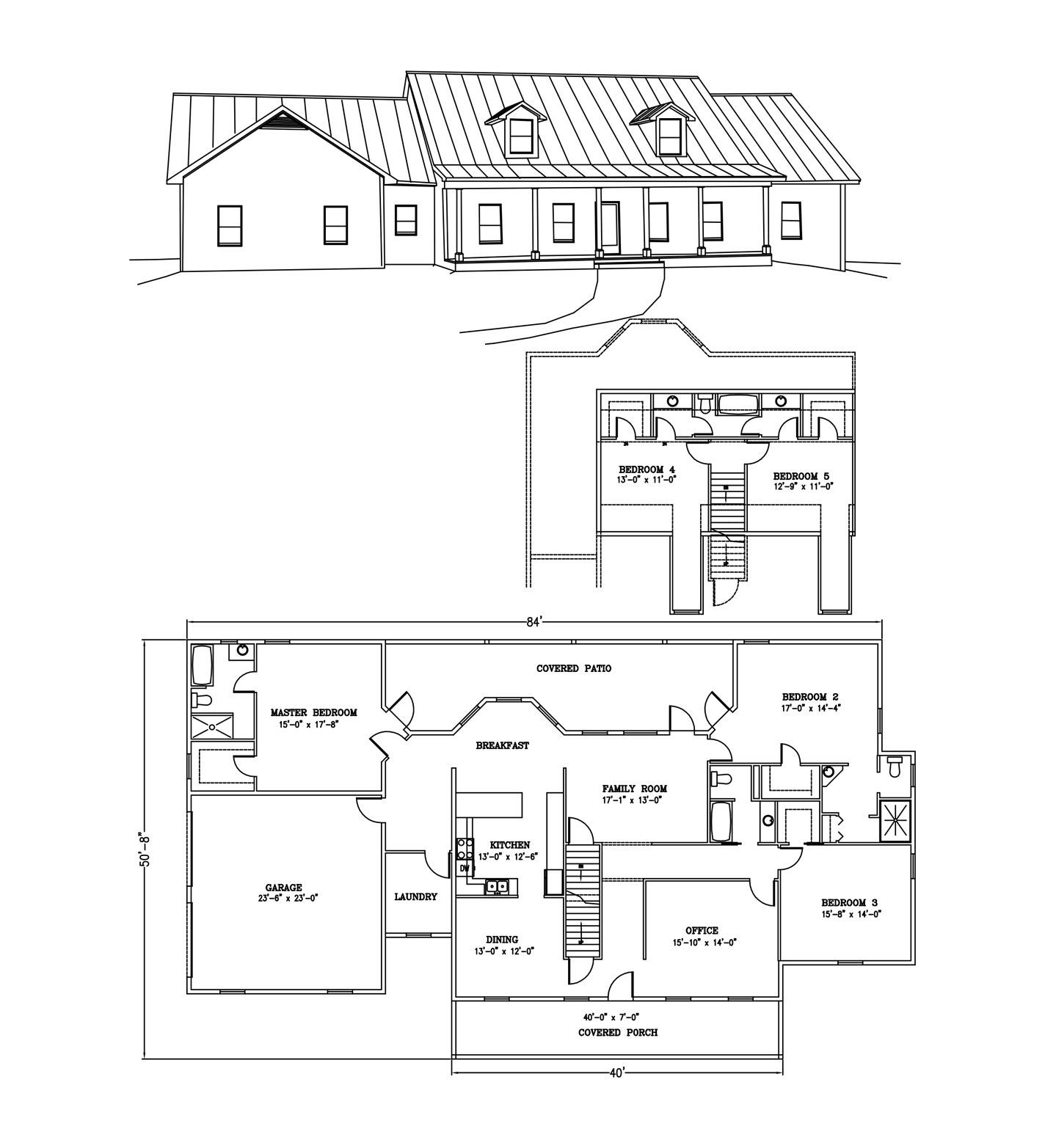 a black and white floor plan of a house with a metal roof .