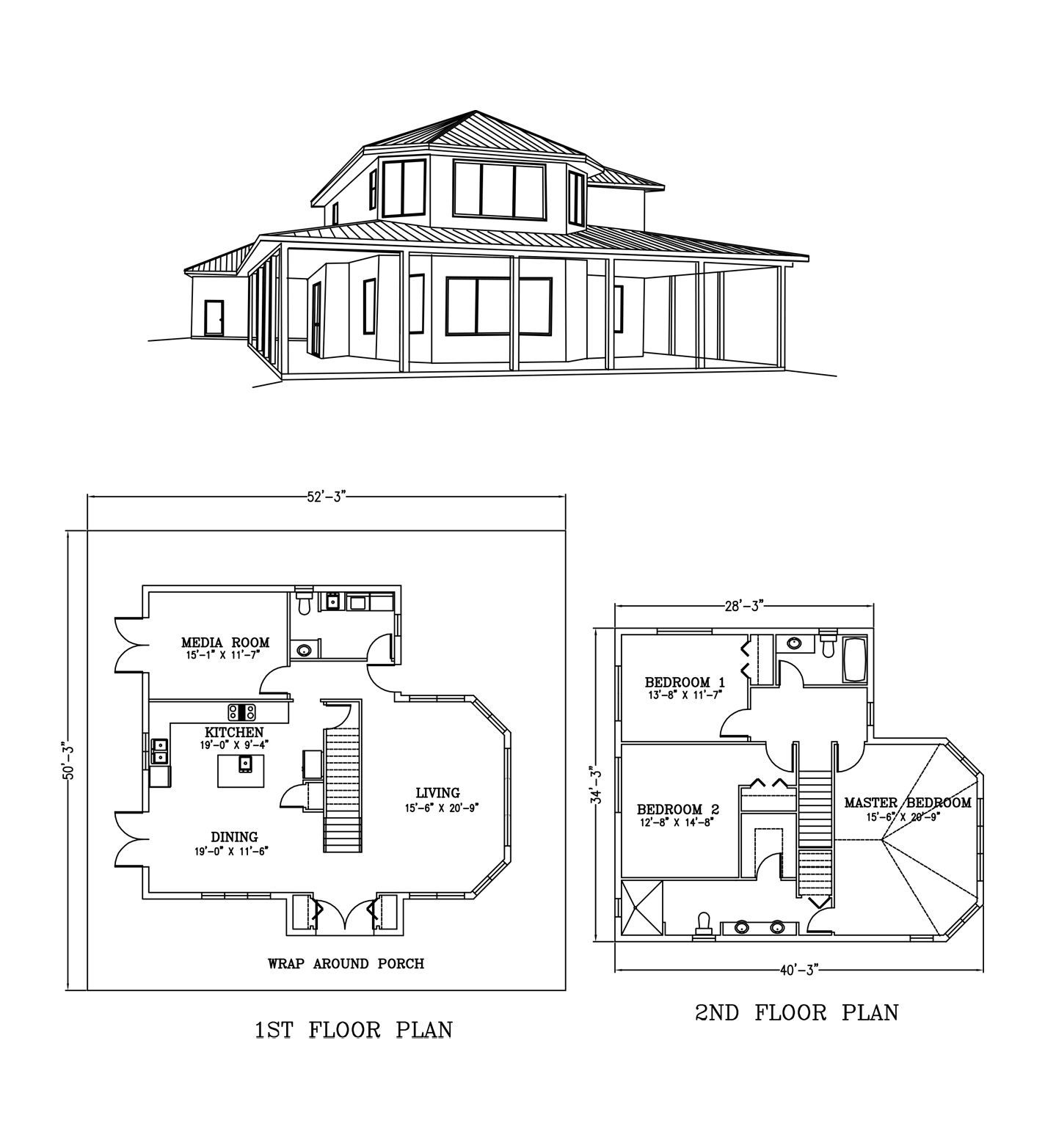 a black and white drawing of a house and its floor plans .