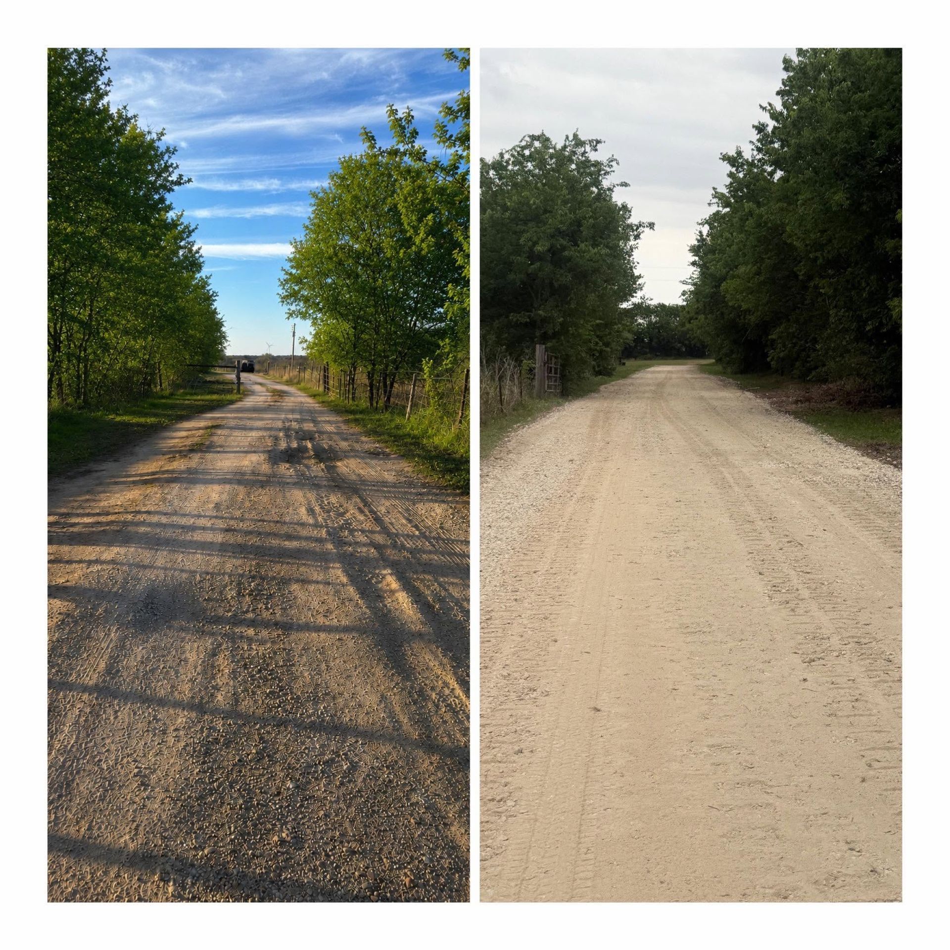 Two dirt roads lined with green trees under blue skies, shown side by side.