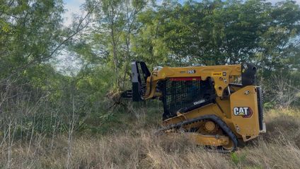 Yellow CAT skid steer pushing through tall grass in a wooded field