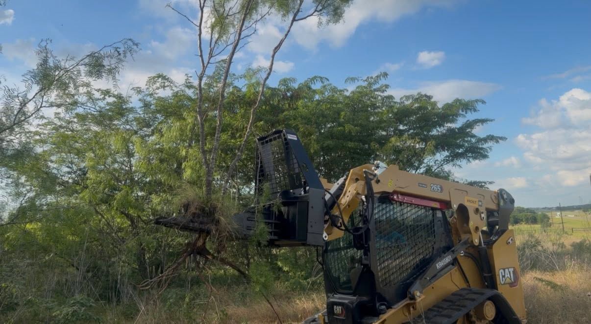 A yellow excavator clears brush beside a tree line under a blue sky.