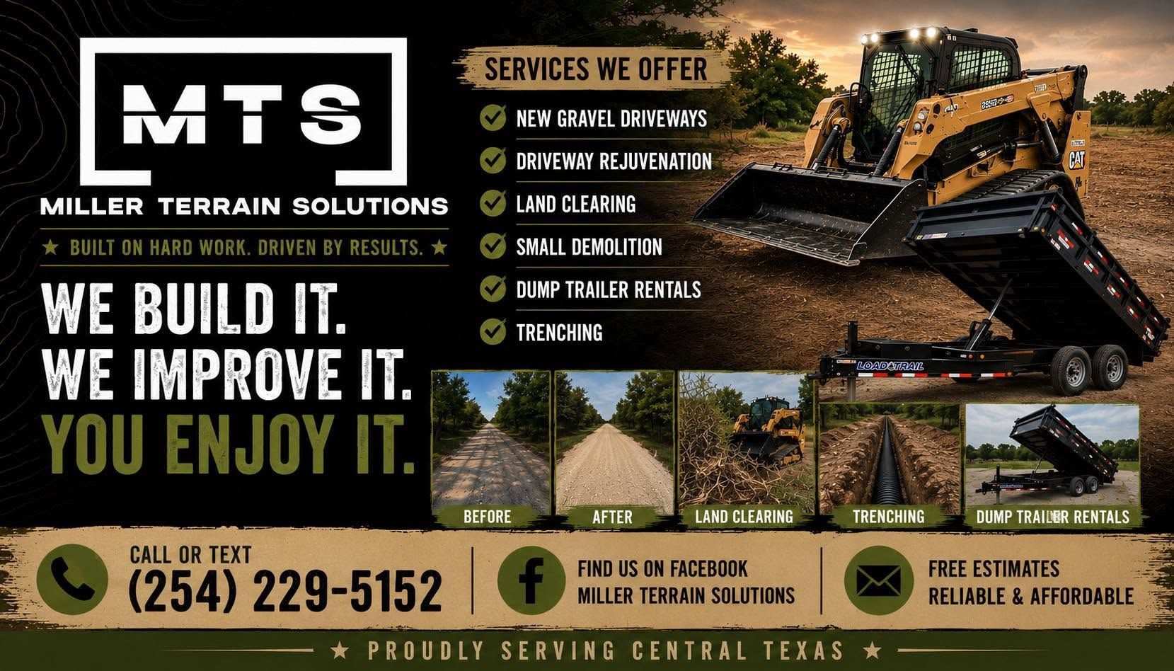 MTS Miller Terrain Solutions ad for land clearing, grading and brush hogging with excavator images and phone number