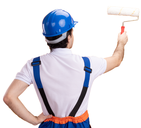 Painter in blue hard hat painting with a roller.