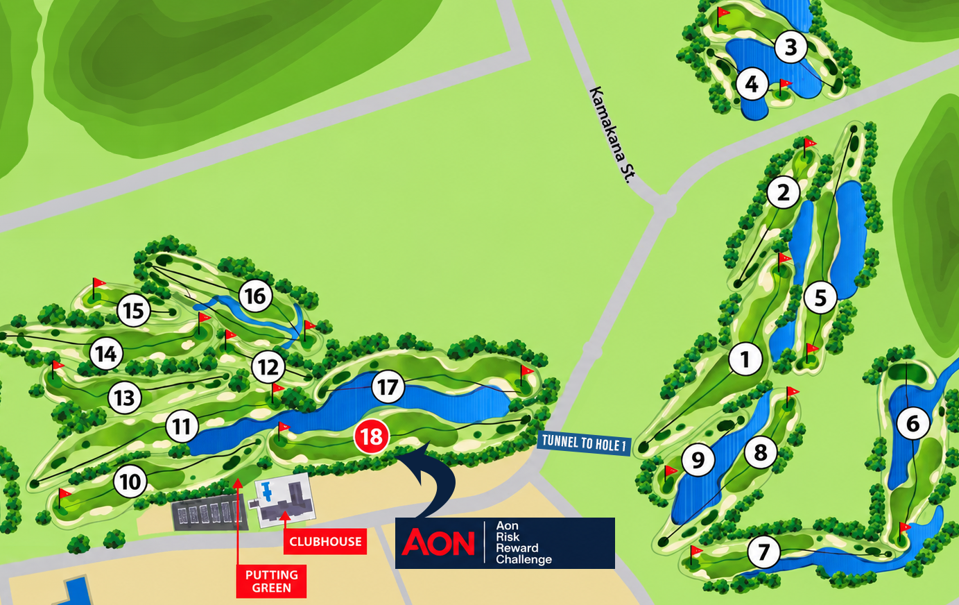 A map of a golf course with a lake in the middle