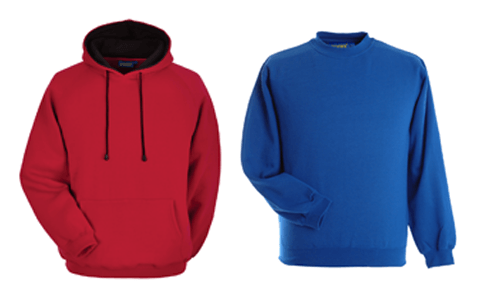 a red hoodie and a blue crew-neck sweatshirt