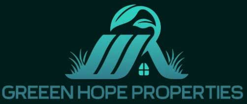 Logo for Green Hope Properties featuring a teal stylized house roof, leaves, and grass against a dark background.
