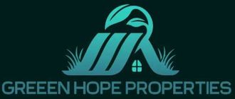 Logo for Green Hope Properties featuring a teal stylized house roof, leaves, and grass against a dark background.