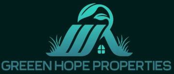 Logo for Green Hope Properties featuring a teal stylized house roof, leaves, and grass against a dark background.