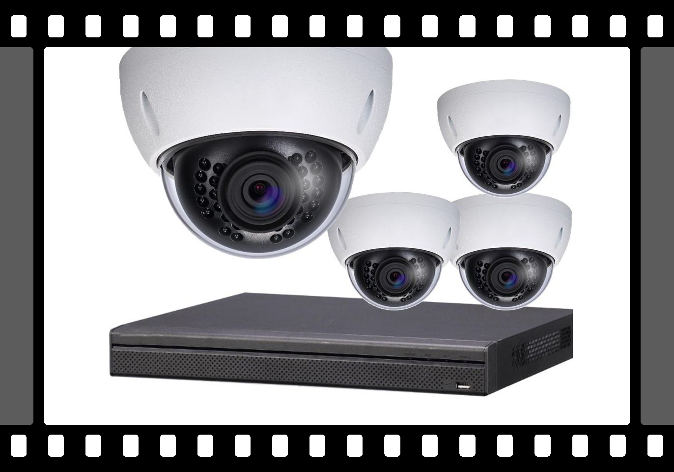 Security camera system: four dome cameras, DVR unit, white and black.