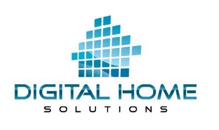 Logo of Digital Home Solutions; blue pixelated house icon with text below.