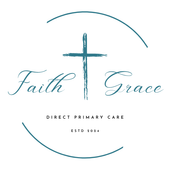 The logo for faith and grace direct primary care shows a cross in a circle.