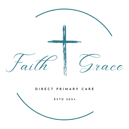 The logo for faith and grace direct primary care shows a cross in a circle.