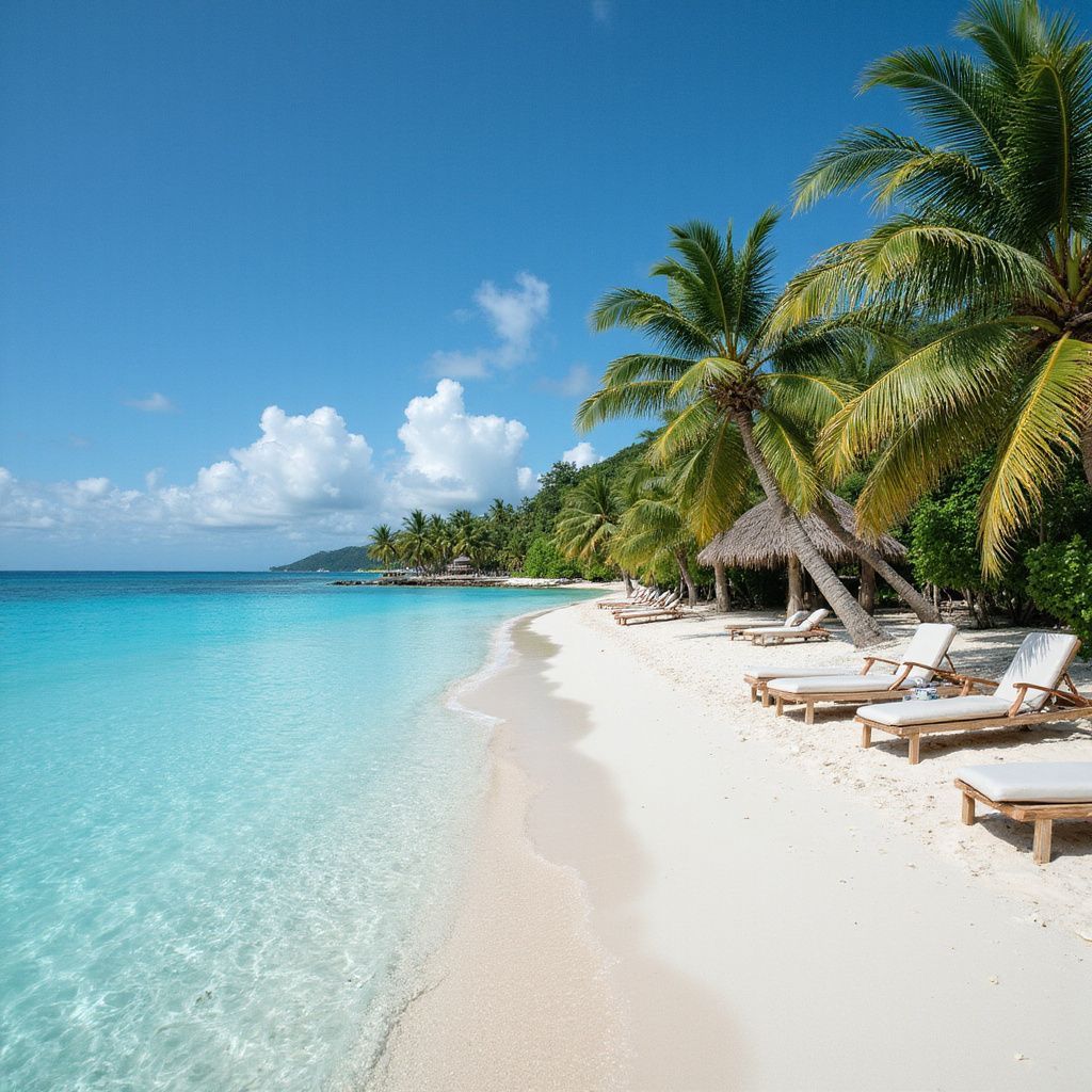Tropical beach with turquoise water, white sand, palm trees, lounge chairs, and blue sky.