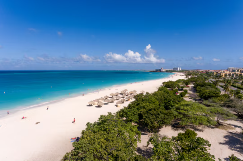 White sand beach with turquoise water under a blue sky, some trees, and a few beach umbrellas.