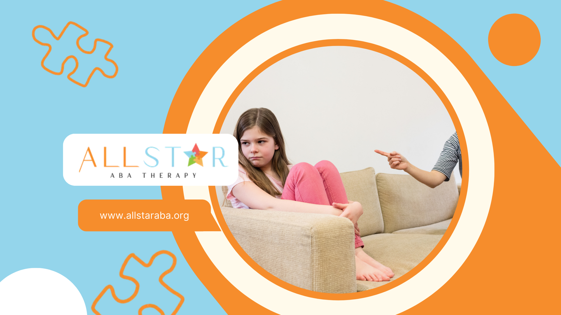 A woman is pointing at an autistic girl who is sitting on a couch at home in Maryland.