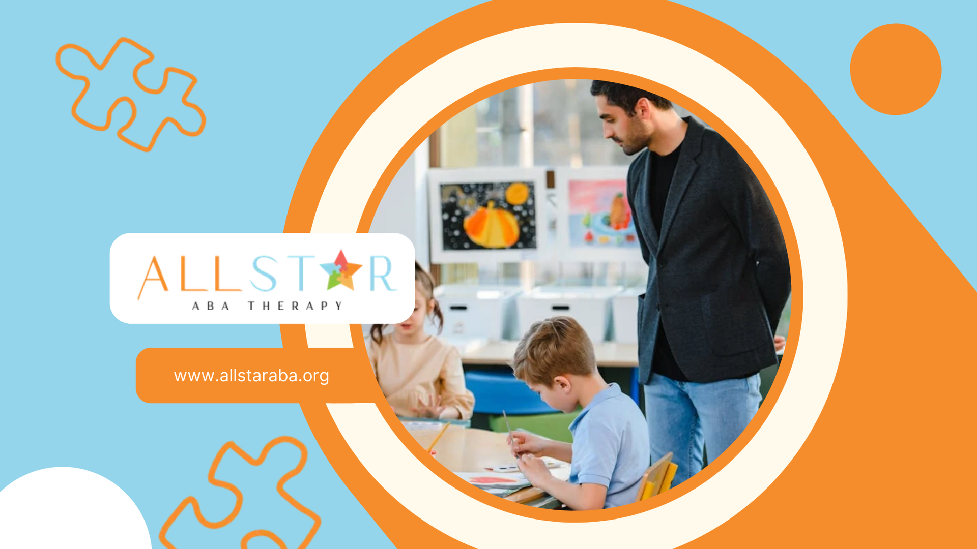 A BCBA stands beside a boy and girl in a classroom, guiding learning with support and care.