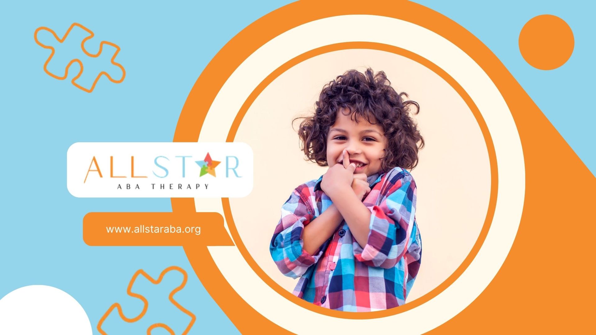 Smiling child in plaid shirt inside orange circle on blue background