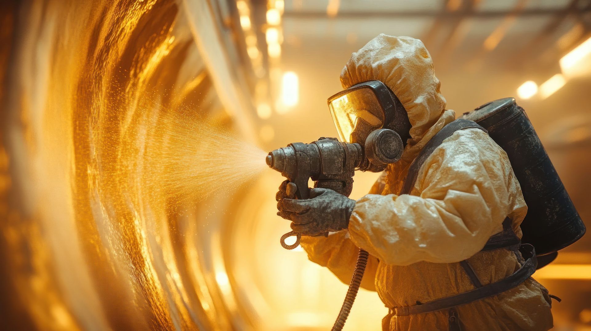 Worker sandblasting metal surface wearing protective suit and respirator.