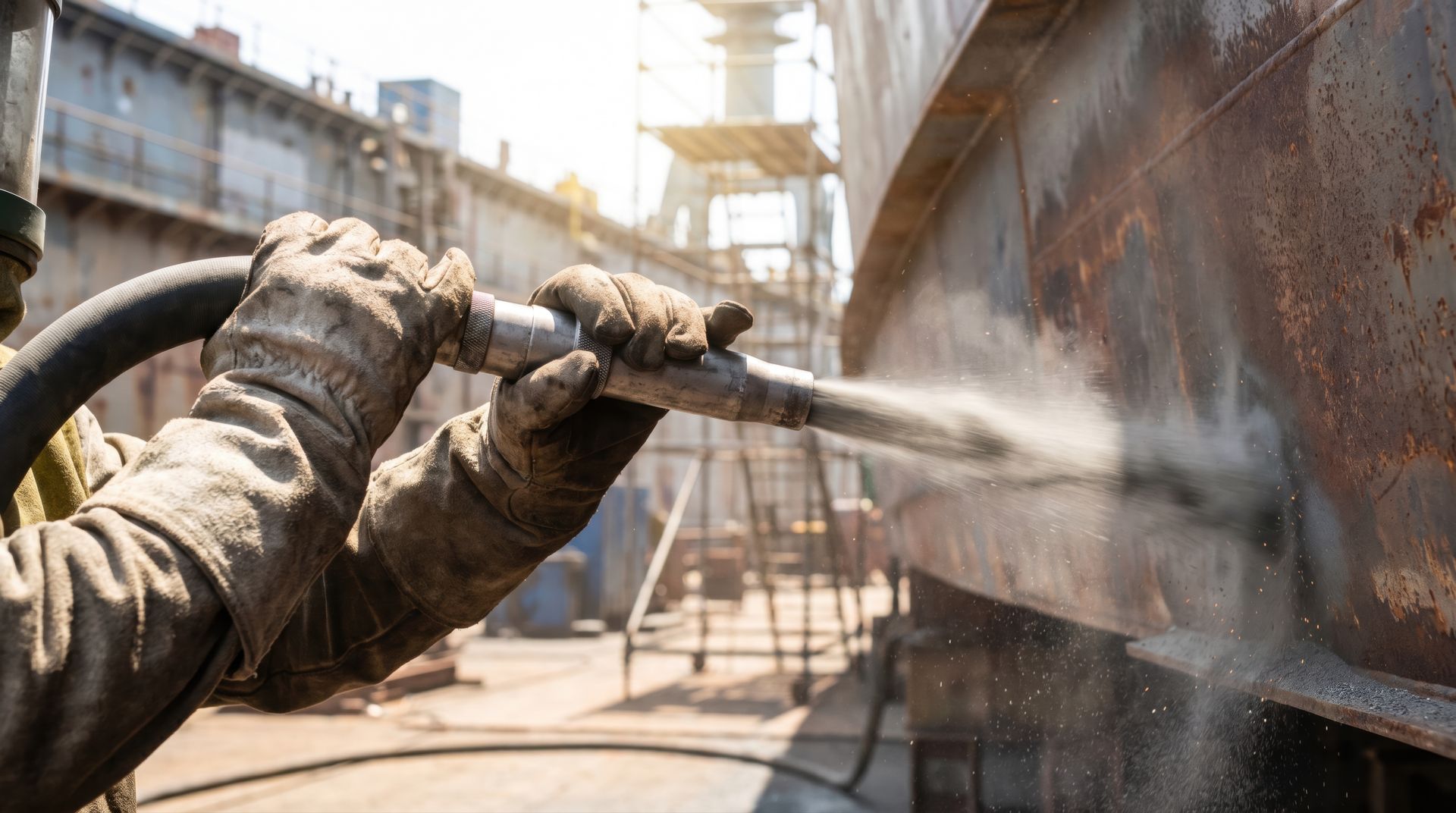 Industrial worker using sandblasting equipment to clean a large metal ship hull