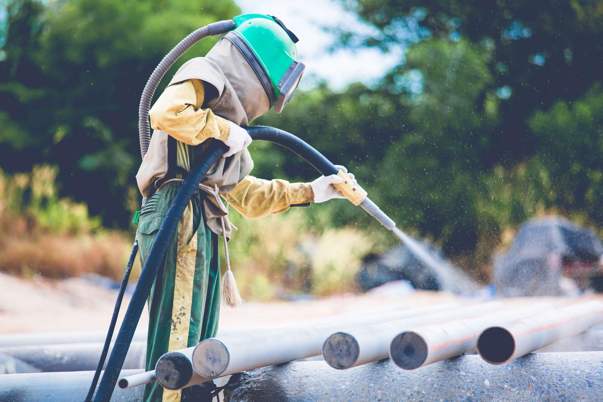 Worker in protective gear abrasive blasting steel pipes outdoors.