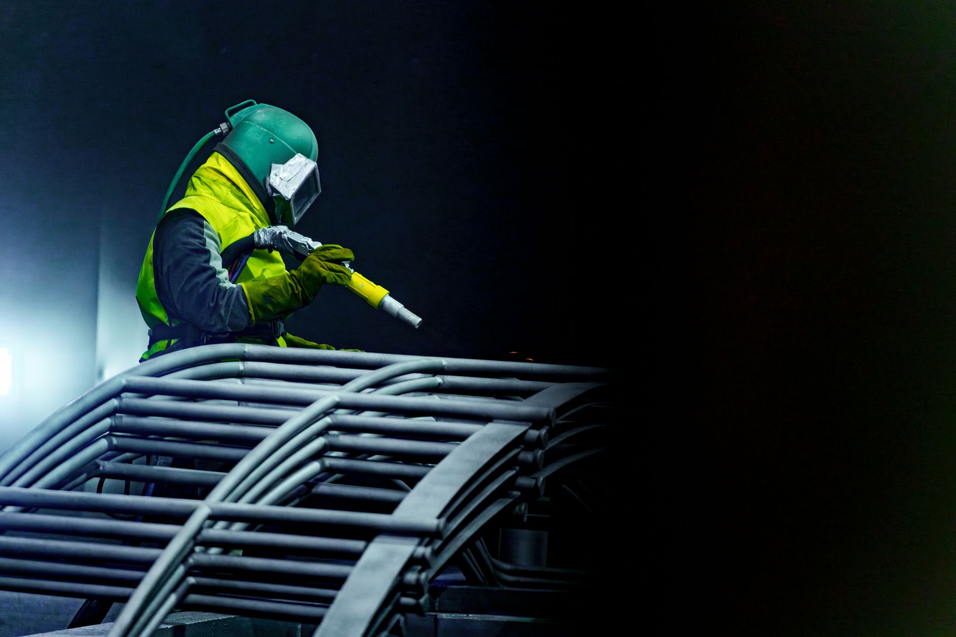 Worker in protective gear inspecting industrial cables.