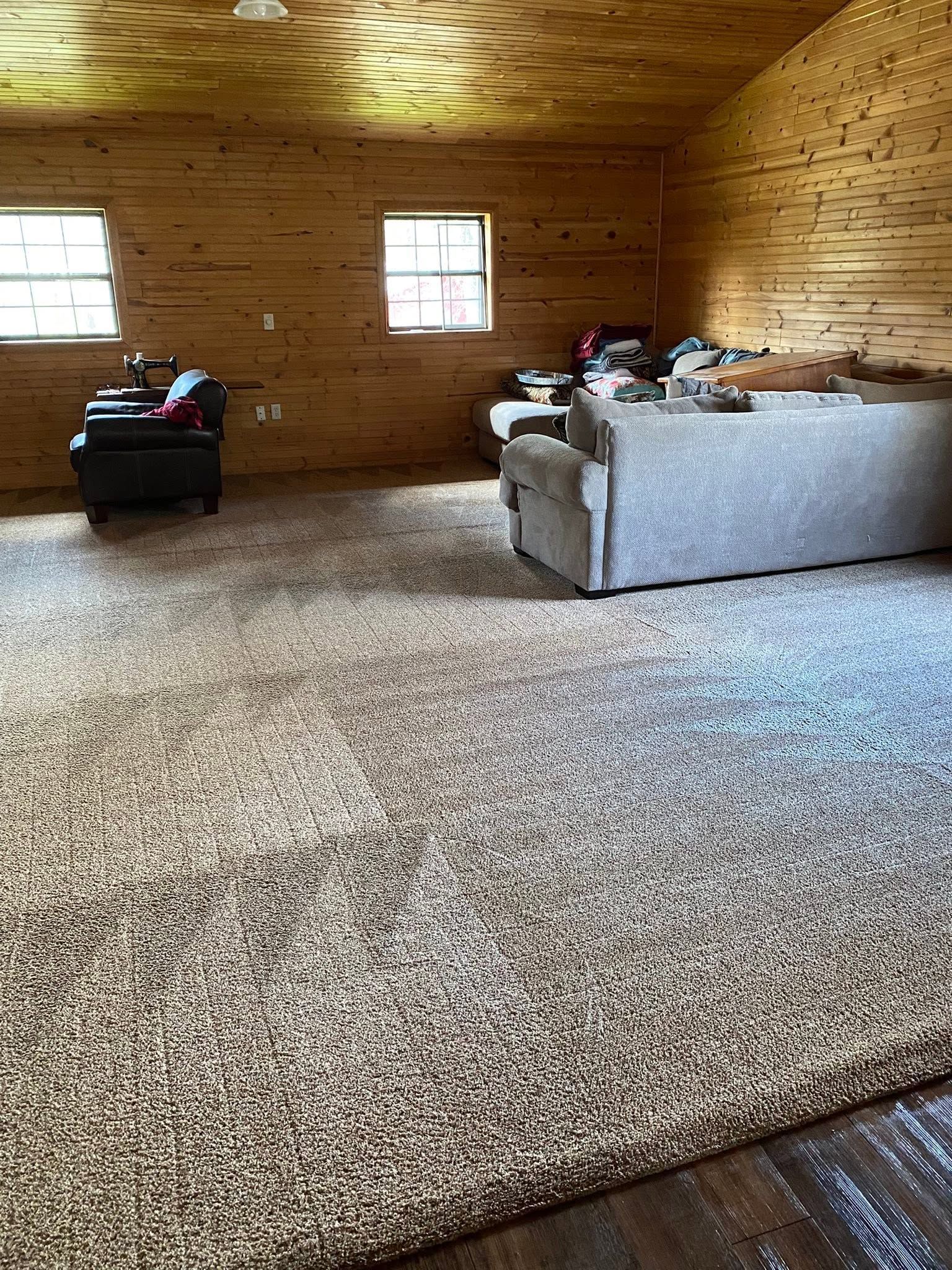 Wood-paneled room with carpet, two windows, and sofas on the left and right.