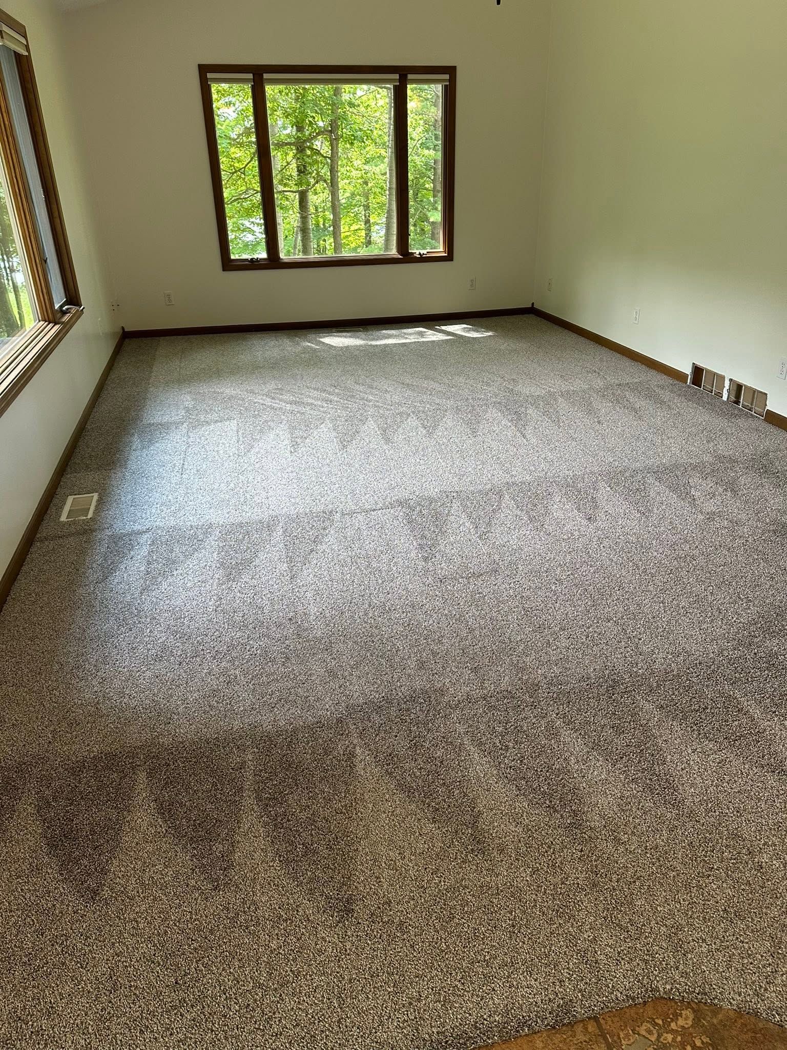 Empty carpeted room with two windows and green trees outside.
