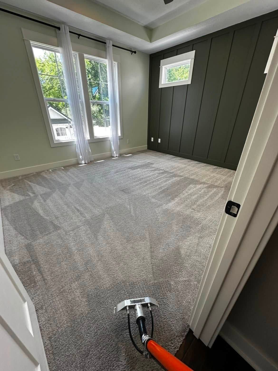 Vacuuming a gray-carpeted room with French doors and green accent wall