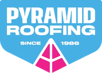 Pyramid Roofing logo in blue, white, and pink with &ldquo;Since 1986&rdquo; text