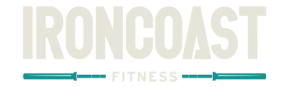 "Ironcoast Fitness" logo with teal barbell graphic.