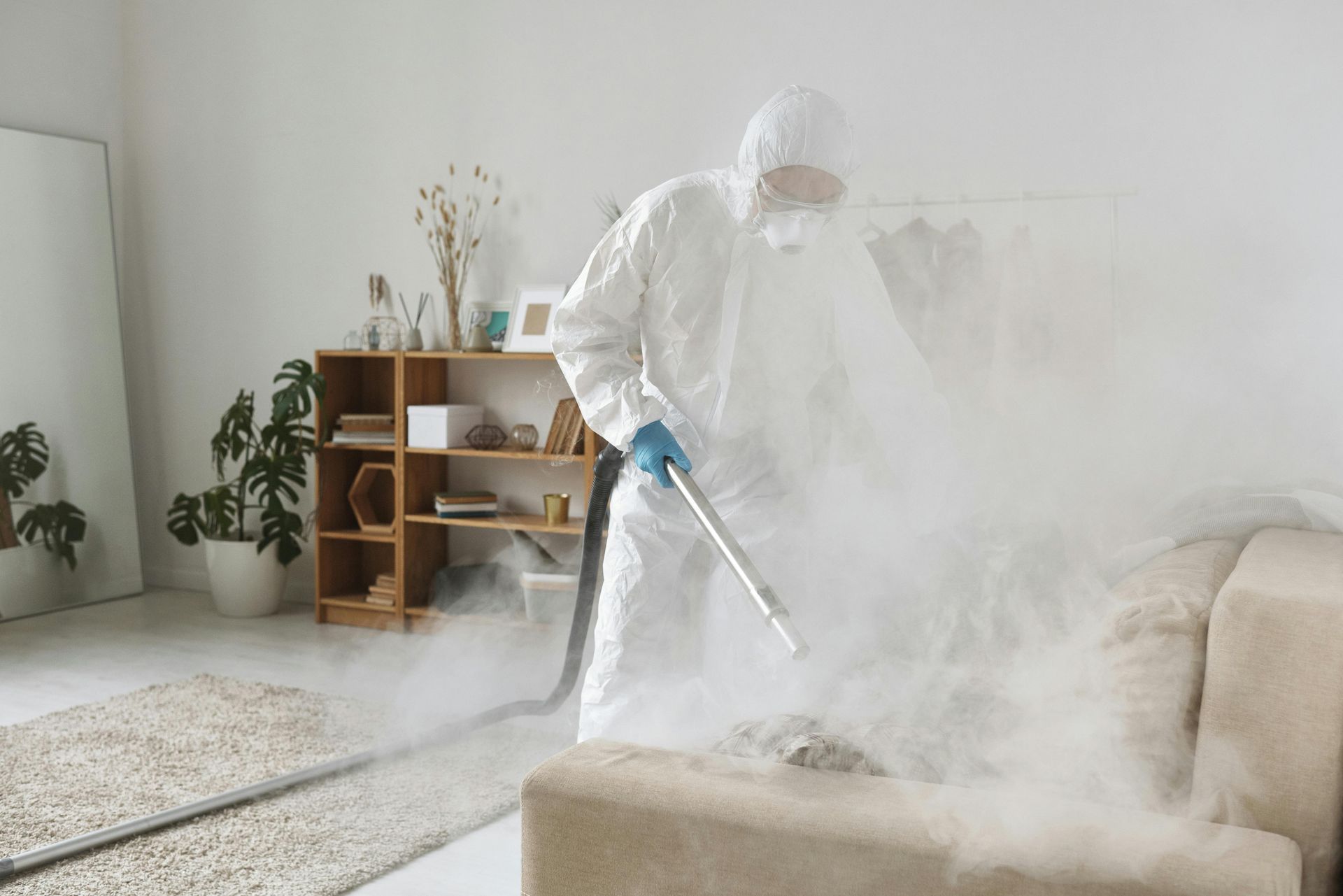 A man in a protective suit is disinfecting a living room with a vacuum cleaner.