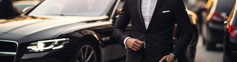 A man in a suit is standing in front of a black car.