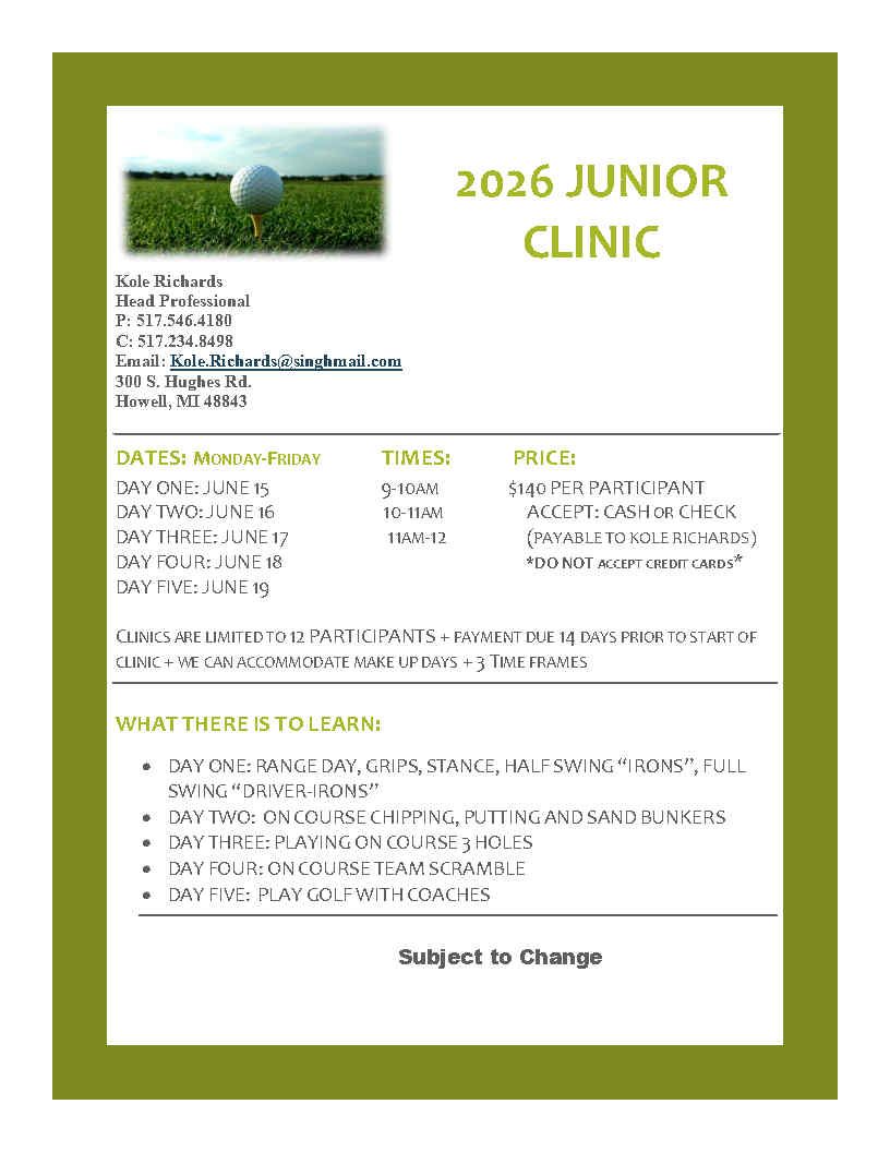 Informational flyer for a 2026 Junior Golf Clinic detailing dates, times, pricing, and curriculum for a five-day program.
