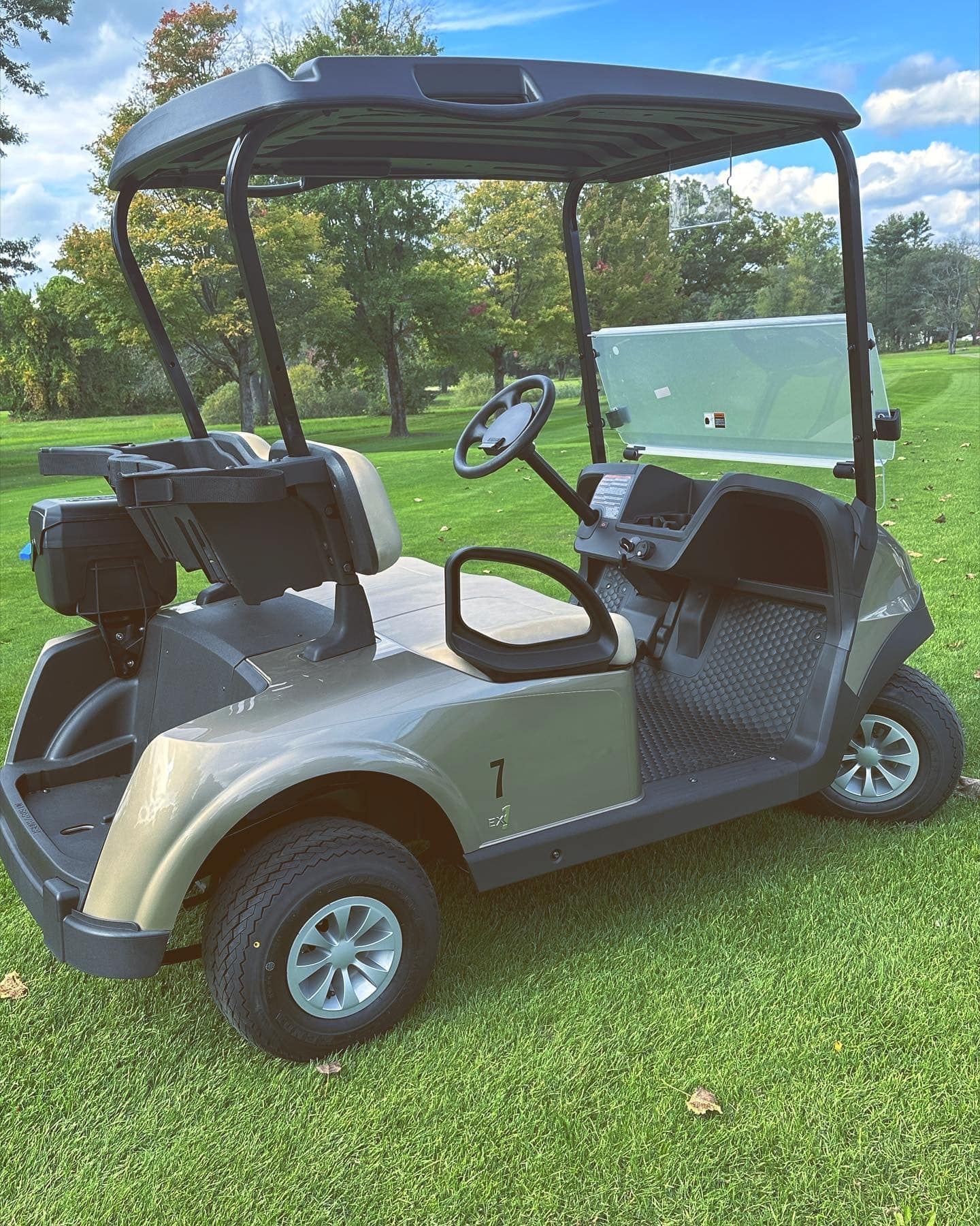 A metallic tan golf cart parked on a grassy golf course under a blue sky with clouds.