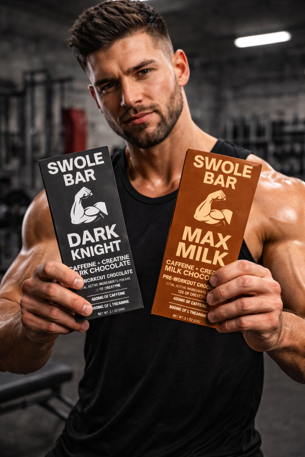 Swole Bar pre-workout chocolate bar, whey protein, l-theanine, creatine, caffeine, post workout, sustained energy for exercise, energy bar, protein bar, nutrition bar, best pre-workout bar, pre-workout snack