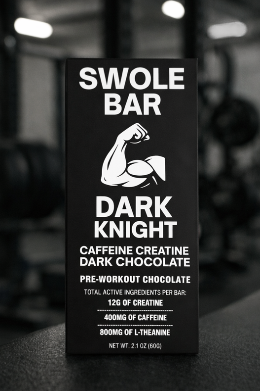 Swole Bar pre-workout chocolate bar, whey protein, l-theanine, creatine, caffeine, post workout, sustained energy for exercise, energy bar, protein bar, nutrition bar, best pre-workout bar, pre-workout snack