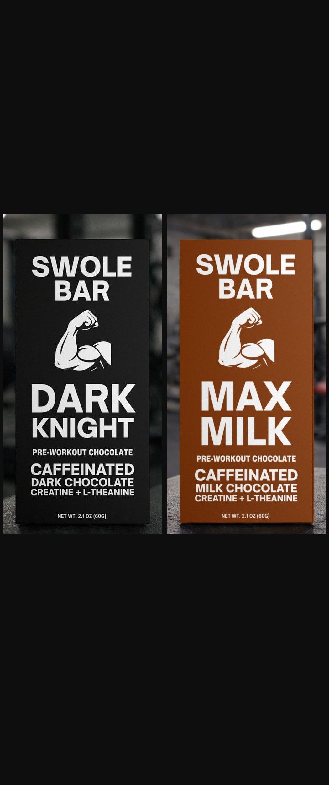 Swole Bar Dark Knight and Max Milk pre-workout chocolate bars side by side