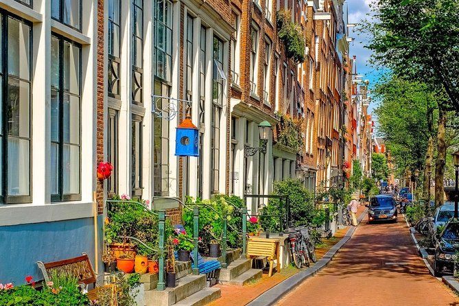 Row of brick buildings with windows and plants in Amsterdam, Netherlands. Narrow street with parked cars.
