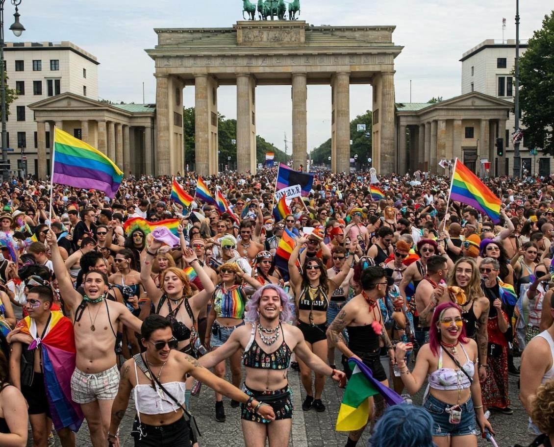 Crowd celebrating at Pride parade in front of the Brandenburg Gate, waving rainbow flags