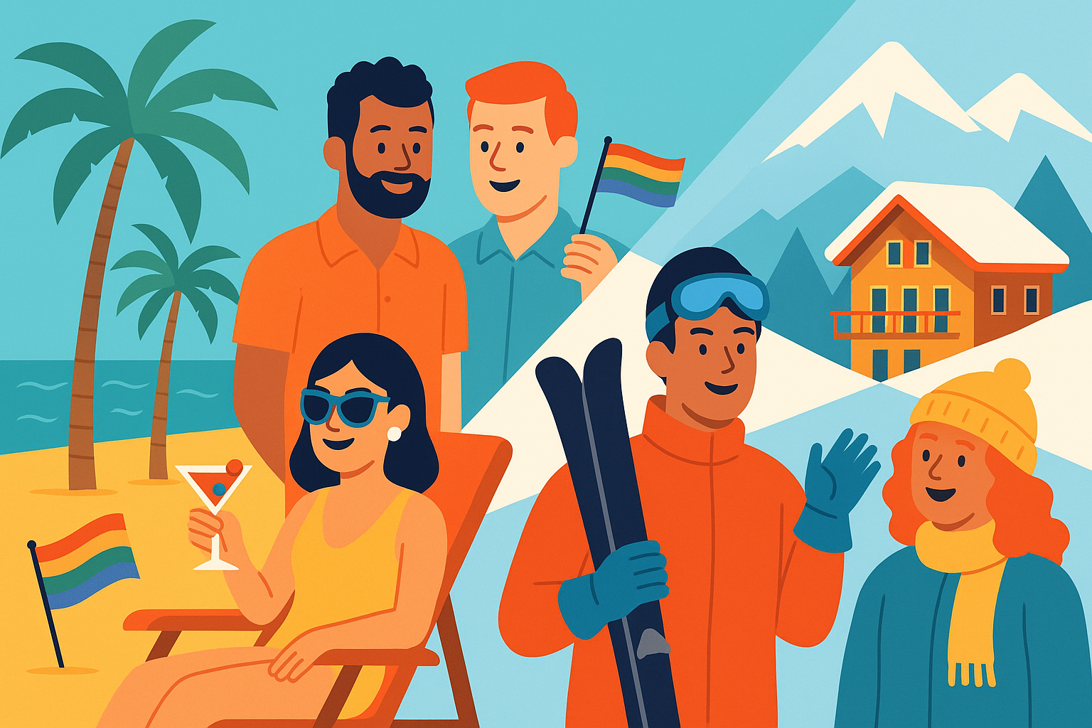 Colourful illustration of an LGBT+ friendly winter sun holiday in Europe
