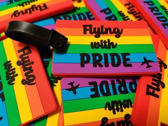 Luggage tags with rainbow stripes and