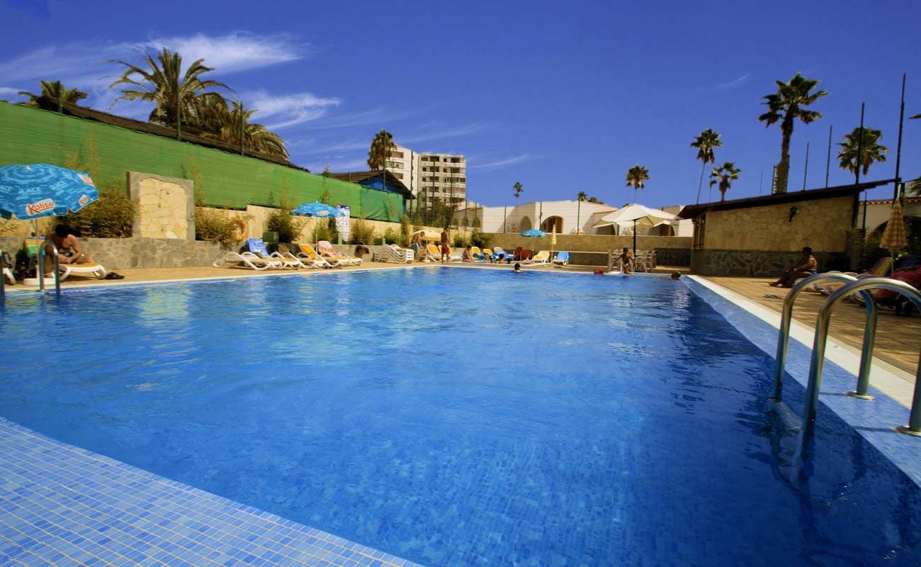 Resort swimming pool with blue water, lounge chairs, palm trees, and a clear sky.