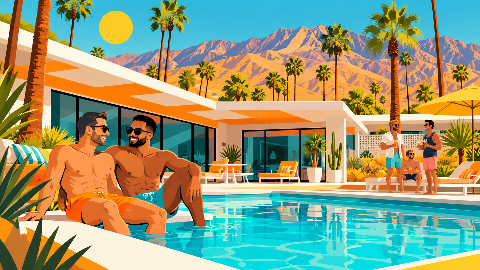 Colourful Wide Awake Holidays illustration representing gay resort stays in the United States