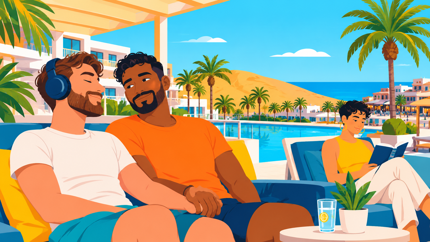 LGBT+ travellers relaxing in a peaceful holiday setting