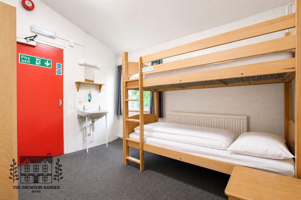 Small hostel room with bunk beds, red door, sink, and gray carpet, viewed from the entrance
