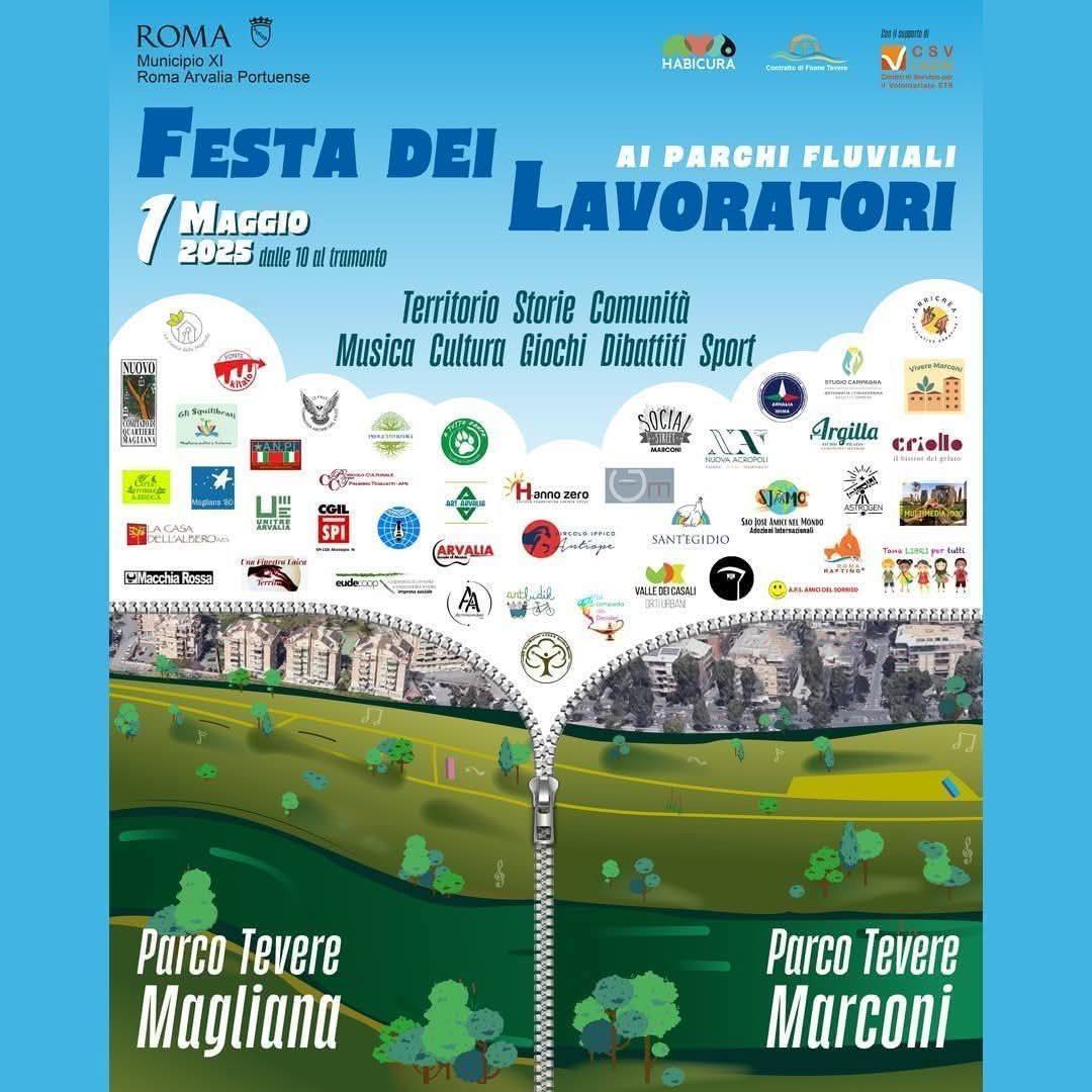 Locandina ufficiale della Festa dei Lavoratori 2025 ai Parchi Fluviali del Tevere 