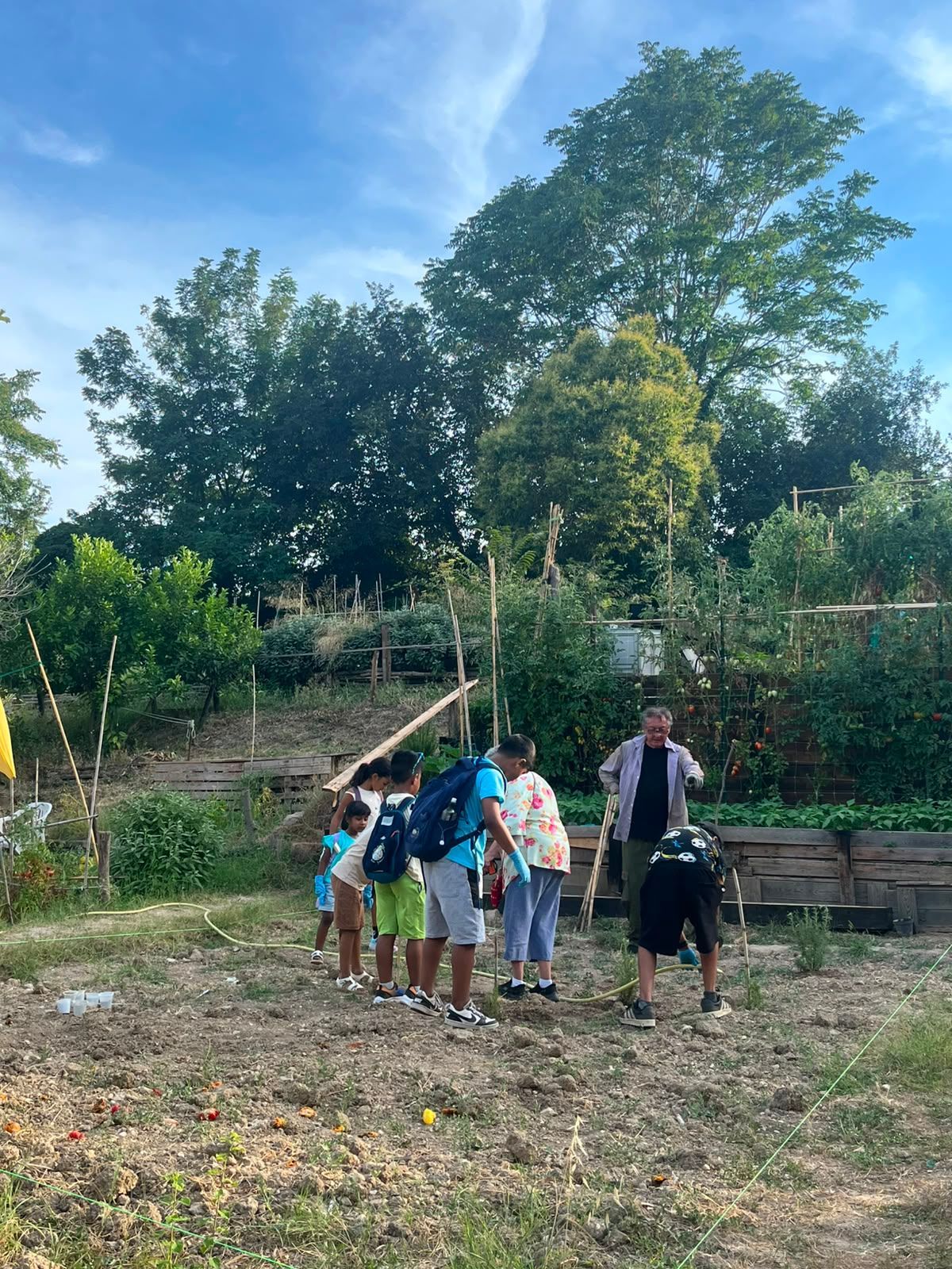 Bambini che svolgono attività in un orto urbano